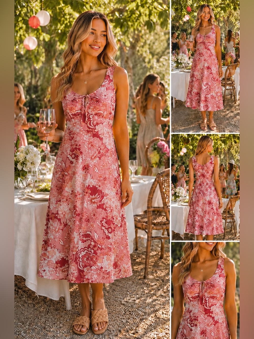 Liz & Co Petite Pink Floral Cotton A-Line Sundress Tie Front Cottagecore 4 P 6 M